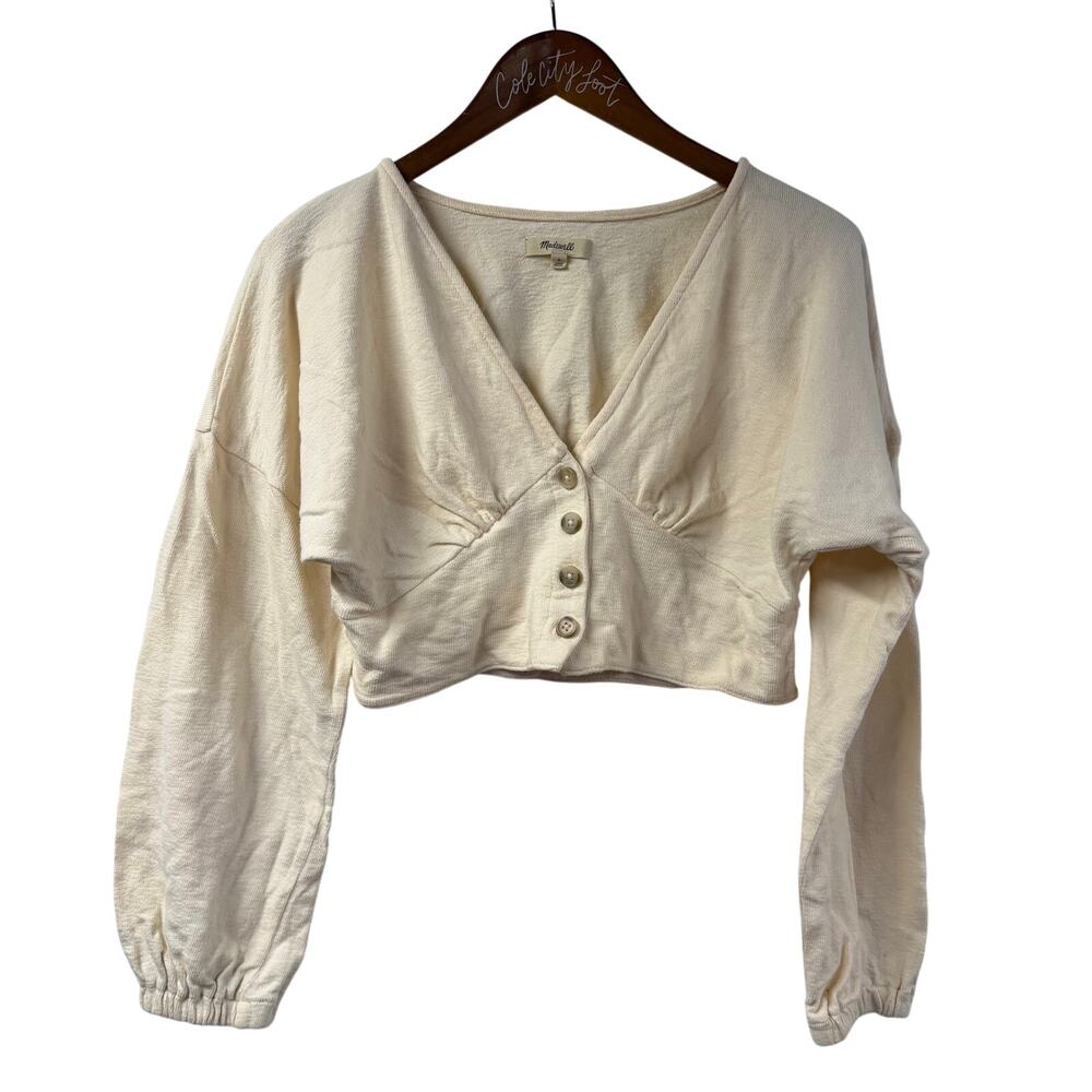 Madewell Deep V Long Sleeve Crop Top Ivory Puff Sleeve Small